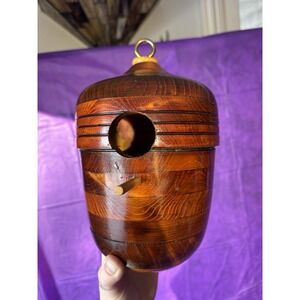 BEAUTIFUL Red Inlay Bird House Wood Carved Acorn Shape With Hanging Hook